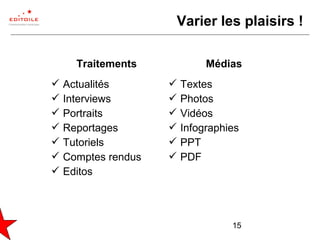 15
Varier les plaisirs !
Traitements Médias
 Actualités
 Interviews
 Portraits
 Reportages
 Tutoriels
 Comptes rendus
 Editos
 Textes
 Photos
 Vidéos
 Infographies
 PPT
 PDF
 