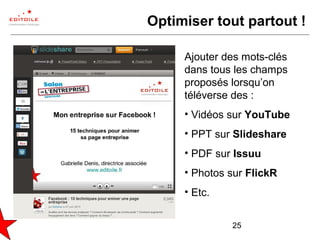25
Optimiser tout partout !
Ajouter des mots-clés
dans tous les champs
proposés lorsqu’on
téléverse des :
• Vidéos sur YouTube
• PPT sur Slideshare
• PDF sur Issuu
• Photos sur FlickR
• Etc.
 