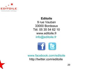 29
Editoile
9 rue Vauban
33000 Bordeaux
Tél. 05 35 54 62 10
www.editoile.fr
info@editoile.fr
www.facebook.com/editoile
http://twitter.com/editoile
 