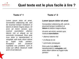 9
Quel texte est le plus facile à lire ?
Lorem ipsum dolor sit amet,
consectetur adipisicing elit, sed
do eiusmod tempor incididunt ut
labore et dolore magna aliqua. Ut
enim ad minim veniam, quis
nostrud exercitation ullamco
laboris nisi ut aliquip ex ea
commodo consequat. Duis aute
irure dolor in reprehenderit in
voluptate velit esse cillum dolore
eu fugiat nulla pariatur.
Excepteur sint occaecat
cupidatat non proident, sunt in
culpa qui officia deserunt mollit
anim id est laborum.
Lorem ipsum dolor sit amet
Consectetur adipisicing elit, sed do
eiusmod tempor incididunt ut
labore et dolore magna aliqua.
Ut enim ad minim veniam quis
nostrud exercitation :
• ullamco laboris nisi
• ut aliquip ex ea
• commodo consequat.
Duis aute irure dolor in
reprehenderit in voluptate velit
esse cillum dolore eu fugiat nulla
pariatur.
Texte n° 1 Texte n° 2
 