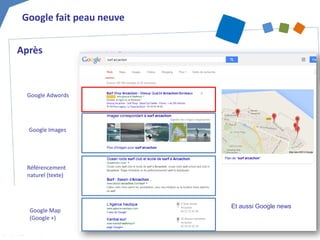 Google fait peau neuve 
Google Adwords 
Google Images 
Référencement naturel (texte) 
Google Map (Google +) 
Et aussi Google news 
Après  