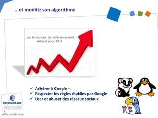 ...et modifie son algorithme 
 
Adhérer à Google + 
 
Respecter les règles établies par Google 
 
User et abuser des réseaux sociaux  