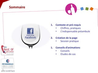 1. 
Contexte et pré-requis 
• 
Chiffres, pratiques 
• 
L’indispensable préambule 
2. 
Création de la page 
• 
Session pratique 
1. 
Conseils d’animations 
• 
Conseils 
• 
Etudes de cas 
Sommaire  