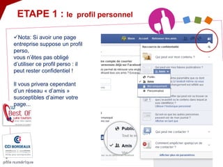  
Nota: Si avoir une page entreprise suppose un profil perso, vous n’êtes pas obligé d’utiliser ce profil perso : il peut rester confidentiel ! Il vous privera cependant d’un réseau « d’amis » susceptibles d’aimer votre page... 
ETAPE 1 : le profil personnel  