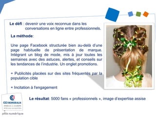 Le défi : devenir une voix reconnue dans les conversations en ligne entre professionnels. 
La méthode: Une page Facebook structurée bien au-delà d’une page habituelle de présentation de marque. Intégrant un blog de mode, mis à jour toutes les semaines avec des astuces, alertes, et conseils sur les tendances de l’industrie. Un onglet promotions. + Publicités placées sur des sites fréquentés par la population cible + Incitation à l'engagement 
Le résultat: 5000 fans « professionnels », image d’expertise assise  
