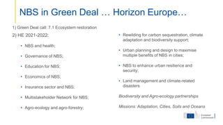 2) HE 2021-2022:
• NBS and health;
• Governance of NBS;
• Education for NBS;
• Economics of NBS;
• Insurance sector and NBS;
• Multistakeholder Network for NBS;
• Agro-ecology and agro-forestry;
• Rewilding for carbon sequestration, climate
adaptation and biodiversity support;
• Urban planning and design to maximise
multiple benefits of NBS in cities;
• NBS to enhance urban resilience and
security;
• Land management and climate-related
disasters
Biodiversity and Agro-ecology partnerships
Missions: Adaptation, Cities, Soils and Oceans
NBS in Green Deal … Horizon Europe…
1) Green Deal call: 7.1 Ecosystem restoration
 