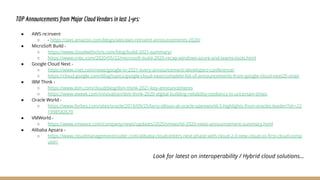 TOP Announcements from Major Cloud Vendors in laﬆ 1+yrs:
● AWS re:invent
○ - https://aws.amazon.com/blogs/aws/aws-reinvent-announcements-2020/
● MicroSoft Build -
○ https://www.cloudwithchris.com/blog/build-2021-summary/
○ https://www.cnbc.com/2020/05/22/microsoft-build-2020-recap-windows-azure-and-teams-tools.html
● Google Cloud Next -
○ https://www.cnet.com/news/google-io-2021-every-announcement-developers-conference/
○ https://cloud.google.com/blog/topics/google-cloud-next/complete-list-of-announcements-from-google-cloud-next20-onair
● IBM Think -
○ https://www.ibm.com/cloud/blog/ibm-think-2021-key-announcements
○ https://www.eweek.com/innovation/ibm-think-2020-digital-building-reliability-resiliency-in-uncertain-times
● Oracle World -
○ https://www.forbes.com/sites/oracle/2019/09/25/larry-ellison-at-oracle-openworld-5-highlights-from-oracles-leader/?sh=22
1998582670
● VMWorld -
○ https://www.vmware.com/company/news/updates/2020/vmworld-2020-news-announcement-summary.html
● Alibaba Apsara -
○ https://www.cloudmanagementinsider.com/alibaba-cloud-enters-next-phase-with-cloud-2-0-new-cloud-os-ﬁrst-cloud-comp
uter/
Look for latest on interoperability / Hybrid cloud solutions...
 