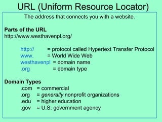 URL (Uniform Resource Locator) The address that connects you with a website. Parts of the URL http://www.westhavenpl.org/ http://   = protocol called Hypertext Transfer Protocol www.   = World Wide Web westhavenpl = domain name .org = domain type Domain Types .com = commercial .org  =  generally  nonprofit organizations  .edu  = higher education .gov  = U.S. government agency 