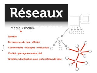 Réseaux
      Média «social»
               +
    Identité

    Permanence du lien - aﬃnité


∫   Commentaire - Dialogue - évaluation

    Viralité - partage en temps réel

    Simplicité d’utilisation pour les fonctions de base
 