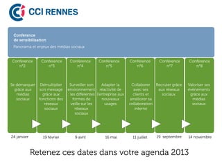 Conférence
 de sensibilisation
 Panorama et enjeux des médias sociaux


Conférence      Conférence     Conférence       Conférence        Conférence     Conférence      Conférence
   n°2             n°3            n°4              n°5               n°6            n°7             n°8



Se démarquer Démultiplier      Surveiller son     Adapter la       Collaborer   Recruter grâce   Valoriser ses
  grâce aux  son message      environnement réactivité de           avec ses     aux réseaux     évènements
   médias      grâce aux      : les diﬀérentes l’entreprise aux     clients et     sociaux.       grâce aux
   sociaux   fonctions des        formes de       nouveaux        améliorer sa                     médias
                réseaux         veille sur les      usages        collaboration                    sociaux
                sociaux            réseaux                           interne
                                   sociaux




24 janvier       19 février       9 avril           16 mai         11 juillet   19 septembre     14 novembre



             Retenez ces dates dans votre agenda 2013
 