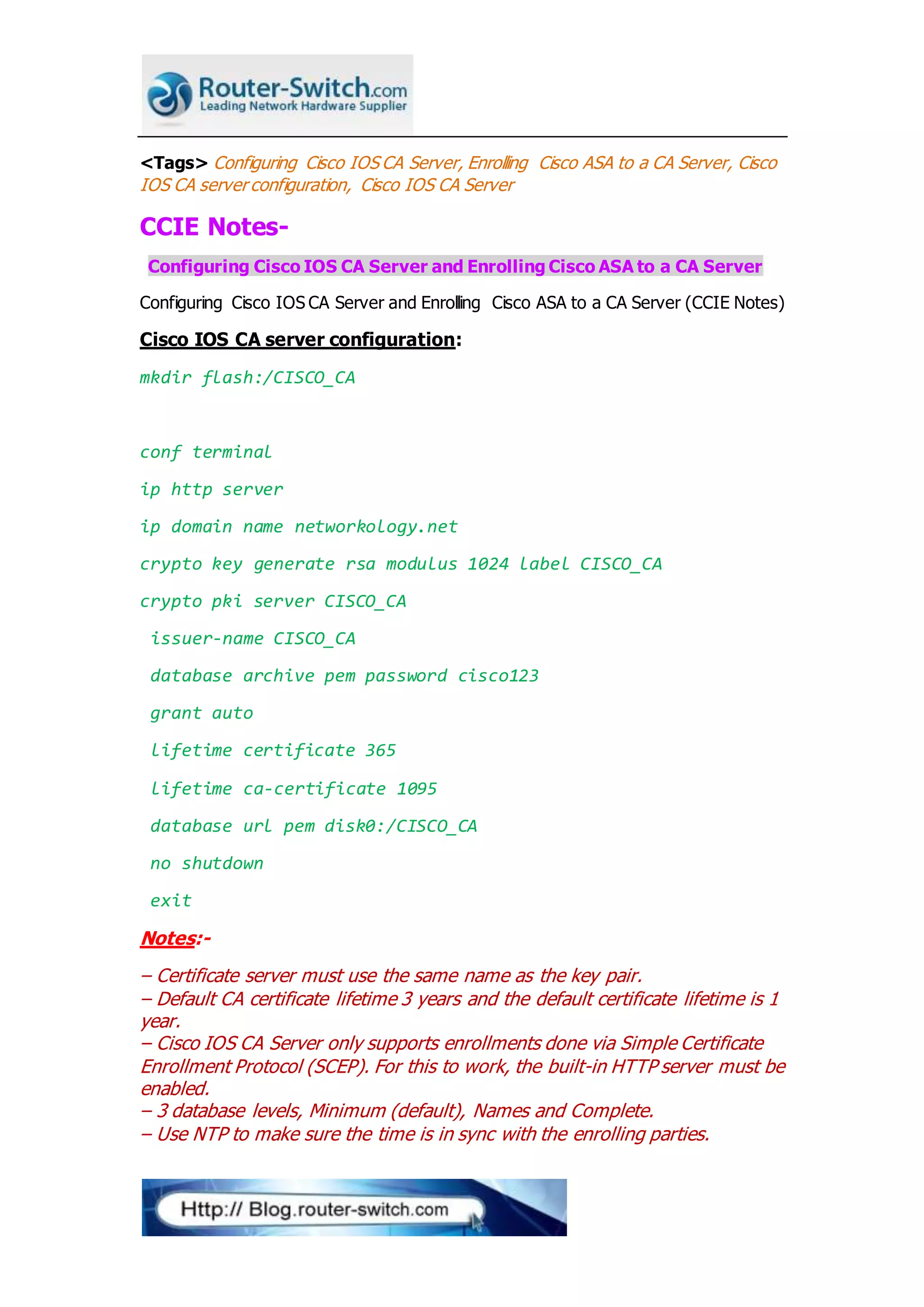 Ccie notes configuring cisco ios ca server and enrolling cisco asa to a ca  server | DOCX