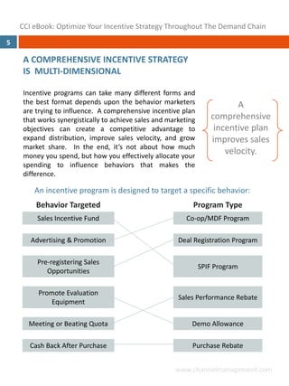 CCI eBook: Optimize Your Incentive Strategy Throughout The Demand Chain
5

    A COMPREHENSIVE INCENTIVE STRATEGY 
    IS  MULTI‐DIMENSIONAL

     Incentive programs can take many different forms and
     the best format depends upon the behavior marketers                   A 
     are trying to influence. A comprehensive incentive plan
     that works synergistically to achieve sales and marketing      comprehensive 
     objectives can create a competitive advantage to                incentive plan 
     expand distribution, improve sales velocity, and grow          improves sales 
     market share. In the end, it’s not about how much
     money you spend, but how you effectively allocate your
                                                                        velocity.
     spending to influence behaviors that makes the
     difference.

        An incentive program is designed to target a specific behavior:
         Behavior Targeted                                   Program Type
         Sales Incentive Fund                              Co‐op/MDF Program

       Advertising & Promotion                          Deal Registration Program

         Pre‐registering Sales 
                                                                 SPIF Program
            Opportunities

          Promote Evaluation 
                                                        Sales Performance Rebate
              Equipment

      Meeting or Beating Quota                               Demo Allowance

       Cash Back After Purchase                              Purchase Rebate


                                                       www.channelmanagement.com
 