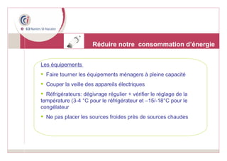 Réduire notre  consommation d’énergie Les équipements  Faire tourner les équipements ménagers à pleine capacité Couper la veille des appareils électriques Réfrigérateurs: dégivrage régulier + vérifier le réglage de la température (3-4 °C pour le réfrigérateur et –15/-18°C pour le congélateur Ne pas placer les sources froides près de sources chaudes 