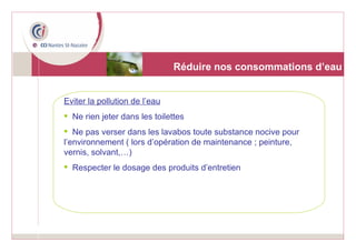 Eviter la pollution de l’eau Ne rien jeter dans les toilettes Ne pas verser dans les lavabos toute substance nocive pour l’environnement ( lors d’opération de maintenance ; peinture, vernis, solvant,…) Respecter le dosage des produits d’entretien Réduire nos consommations d’eau 