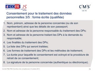 Consentement pour le traitement des données
      personnelles 3/5 : forme écrite (qualifiée)
 1. Nom, prénom, adresse de la personne concernée (ou de son
    représentant) ainsi que les détails de son passeport;
 2. Nom et adresse de la personne responsable du traitement des DPs;
 3. Nom et adresse de la personne traitant les DPs à la demande du
    responsable;
 4. Les finalités du traitement des DPs;
 5. La liste des DPs qui seront traitées;
 6. Les formes de traitement des DPs et les méthodes de traitement;
 7. La durée pour laquelle le consentement est octroyé et la procédure de
    retrait de ce consentement;
 8. La signature de la personne concernée (authentique ou électronique).

Comité PME-PMI (Carrefour des compétences) | 9 octobre 2012                 16
 