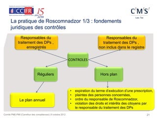 La pratique de Roscomnadzor 1/3 : fondements
      juridiques des contrôles
               Responsables du                                                       Responsables du
             traitement des DPs ,                                                  traitement des DPs ,
                   enregistrés                                                   non inclus dans le registre


                                                              CONTROLES


                                Réguliers                                         Hors plan



                                                              •   expiration du terme d’exécution d’une prescription,
                                                              •   plaintes des personnes concernées,
               Le plan annuel                                 •   ordre du responsable de Roscomnadzor,
                                                              •   violation des droits et intérêts des citoyens par
                                                                  le responsable du traitement des DPs
Comité PME-PMI (Carrefour des compétences) | 9 octobre 2012                                                     21
 