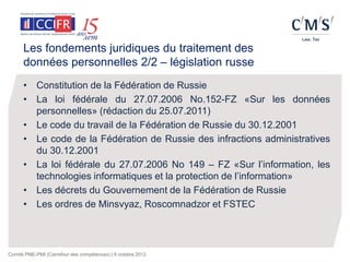 Les fondements juridiques du traitement des
      données personnelles 2/2 – législation russe
      • Constitution de la Fédération de Russie
      • La loi fédérale du 27.07.2006 No.152-FZ «Sur les données
        personnelles» (rédaction du 25.07.2011)
      • Le code du travail de la Fédération de Russie du 30.12.2001
      • Le code de la Fédération de Russie des infractions administratives
        du 30.12.2001
      • La loi fédérale du 27.07.2006 No 149 – FZ «Sur l’information, les
        technologies informatiques et la protection de l’information»
      • Les décrets du Gouvernement de la Fédération de Russie
      • Les ordres de Minsvyaz, Roscomnadzor et FSTEC




Comité PME-PMI (Carrefour des compétences) | 9 octobre 2012
 