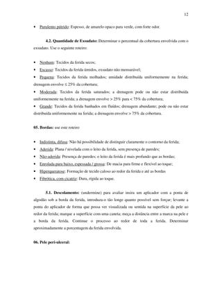 12 
• Purulento pútrido: Espesso, de amarelo opaco para verde, com forte odor. 
4.2. Quantidade de Exsudato: Determinar o percentual da cobertura envolvida com o 
exsudato. Use o seguinte roteiro: 
• Nenhum: Tecidos da ferida secos; 
• Escasso: Tecidos da ferida úmidos, exsudato não mensurável; 
• Pequena: Tecidos da ferida molhados; umidade distribuída uniformemente na ferida; 
drenagem envolve £ 25% da cobertura; 
• Moderada: Tecidos da ferida saturados; a drenagem pode ou não estar distribuída 
uniformemente na ferida; a drenagem envolve > 25% para < 75% da cobertura; 
• Grande: Tecidos da ferida banhados em fluídos; drenagem abundante; pode ou não estar 
distribuída uniformemente na ferida; a drenagem envolve > 75% da cobertura. 
05. Bordas: use este roteiro 
• Indistinta, difusa: Não há possibilidade de distinguir claramente o contorno da ferida; 
• Aderida: Plana / nivelada com o leito da ferida, sem presença de paredes; 
• Não-aderida: Presença de paredes; o leito da ferida é mais profundo que as bordas; 
• Enrolada para baixo, espessada / grossa: De macia para firme e flexível ao toque; 
• Hiperqueratose: Formação de tecido caloso ao redor da ferida e até as bordas 
• Fibrótica, com cicatriz: Dura, rígida ao toque. 
5.1. Descolamento: (undermine) para avaliar insira um aplicador com a ponta de 
algodão sob a borda da ferida, introduza-o tão longe quanto possível sem forçar; levante a 
ponta do aplicador de forma que possa ver visualizada ou sentida na superfície da pele ao 
redor da ferida; marque a superfície com uma caneta; meça a distância entre a marca na pele e 
a borda da ferida. Continue o processo ao redor de toda a ferida. Determinar 
aproximadamente a porcentagem da ferida envolvida. 
06. Pele peri-ulceral: 
 
