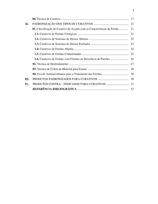 4 
06. Técnica de Curativo ............................................................................................. 17 
II. PADRONIZAÇÃO DOS TIPOS DE CURATIVOS ................................................ 21 
01. Classificação do Curativo de Acordo com as Características da Ferida ............ 21 
1.1. Curativos de Feridas Cirúrgicas ...................................................................... 21 
1.2. Curativos de Sistemas de Drenos Abertos ...................................................... 22 
1.3. Curativos de Sistemas de Drenos Fechados .................................................... 23 
1.4. Curativos de Feridas Abertas .......................................................................... 24 
1.5. Curativos de Feridas Contaminadas ................................................................ 25 
1.6. Curativos de Feridas com Fístulas ou Deiscência de Paredes ......................... 26 
02. Técnica de Desbridamento .................................................................................. 27 
03. Técnica de Coleta de Material para Exame ........................................................ 28 
04. Uso de Antimicrobianos para o Tratamento das Feridas..................................... 30 
III. PRODUTOS PADRONIZADOS PARA CURATIVOS .......................................... 30 
IV. PRODUTOS CONTRA – INDICADOS PARA CURATIVOS ............................... 31 
REFERÊNCIA BIBLIOGRÁFICA ...................................................................... 32 
 