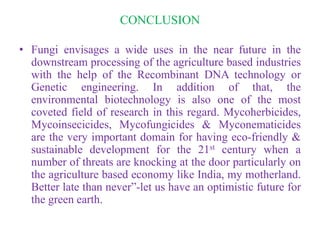 CONCLUSION
• Fungi envisages a wide uses in the near future in the
downstream processing of the agriculture based industries
with the help of the Recombinant DNA technology or
Genetic engineering. In addition of that, the
environmental biotechnology is also one of the most
coveted field of research in this regard. Mycoherbicides,
Mycoinsecicides, Mycofungicides & Myconematicides
are the very important domain for having eco-friendly &
sustainable development for the 21st century when a
number of threats are knocking at the door particularly on
the agriculture based economy like India, my motherland.
Better late than never”-let us have an optimistic future for
the green earth.
 