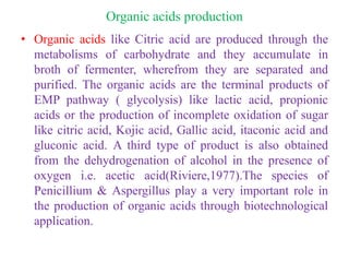 Organic acids production
• Organic acids like Citric acid are produced through the
metabolisms of carbohydrate and they accumulate in
broth of fermenter, wherefrom they are separated and
purified. The organic acids are the terminal products of
EMP pathway ( glycolysis) like lactic acid, propionic
acids or the production of incomplete oxidation of sugar
like citric acid, Kojic acid, Gallic acid, itaconic acid and
gluconic acid. A third type of product is also obtained
from the dehydrogenation of alcohol in the presence of
oxygen i.e. acetic acid(Riviere,1977).The species of
Penicillium & Aspergillus play a very important role in
the production of organic acids through biotechnological
application.
 