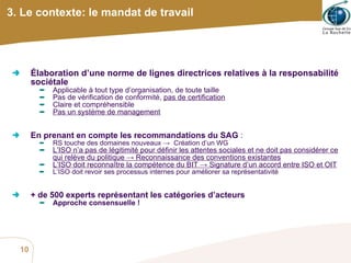 3. Le contexte: le mandat de travail Élaboration d’une norme de lignes directrices relatives à la responsabilité sociétale Applicable à tout type d’organisation, de toute taille Pas de vérification de conformité,  pas de certification Claire et compréhensible Pas un système de management En prenant en compte les recommandations du SAG  : RS touche des domaines nouveaux  ->   Création d’un WG L’ISO n’a pas de légitimité pour définir les attentes sociales et ne doit pas considérer ce qui relève du politique  ->  Reconnaissance des conventions existantes L’ISO doit reconnaître la compétence du BIT  ->  Signature d’un accord entre ISO et OIT L’ISO doit revoir ses processus internes pour améliorer sa représentativité  + de 500 experts représentant les catégories d’acteurs Approche consensuelle ! 