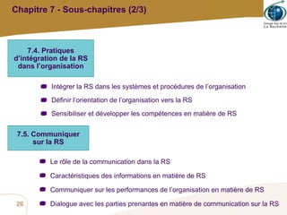 Chapitre 7 - Sous-chapitres (2/3) Intégrer la RS dans les systèmes et procédures de l’organisation Définir l’orientation de l’organisation vers la RS Sensibiliser et développer les compétences en matière de RS 7.4. Pratiques d’intégration de la RS dans l’organisation 7.5. Communiquer sur la RS Le rôle de la communication dans la RS Caractéristiques des informations en matière de RS Communiquer sur les performances de l’organisation en matière de RS Dialogue avec les parties prenantes en matière de communication sur la RS 