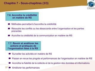 Chapitre 7 - Sous-chapitres (3/3) Méthodes permettant d’accroître la crédibilité Résoudre les conflits ou les désaccords entre l’organisation et les parties prenantes Accroître la crédibilité de la communication en matière de RS 7.6. Accroitre la crédibilité en matière de RS 7.7. Revoir et améliorer les actions et pratiques de l’organisation liées à la RS  Surveiller les activités en matière de RS Passer en revue les progrès et performances de l’organisation en matière de RS Accroître la fiabilité de la collecte et de la gestion des données et informations Améliorer les performances 