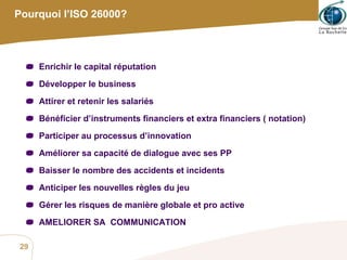 Enrichir le capital réputation  Développer le business Attirer et retenir les salariés  Bénéficier d’instruments financiers et extra financiers ( notation) Participer au processus d’innovation Améliorer sa capacité de dialogue avec ses PP Baisser le nombre des accidents et incidents  Anticiper les nouvelles règles du jeu  Gérer les risques de manière globale et pro active  AMELIORER SA  COMMUNICATION Pourquoi l’ISO 26000? 