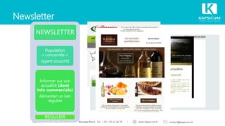 Newsletter
Population
« concernée »
(ayant souscrit)
NEWSLETTER
Informer sur son
actualité (dont
info commerciale)
Alimenter un lien
régulier
REGULIER
 