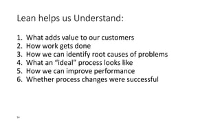 Lean helps us Understand:
1. What adds value to our customers
2. How work gets done
3. How we can identify root causes of problems
4. What an “ideal” process looks like
5. How we can improve performance
6. Whether process changes were successful
14
 