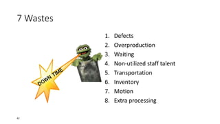 7 Wastes
1. Defects
2. Overproduction
3. Waiting
4. Non-utilized staff talent
5. Transportation
6. Inventory
7. Motion
8. Extra processing
42
 