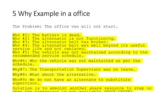 5 Why Example in a office
The Problem: The office van will not start.
Why #1: The battery is dead.
Why #2: The alternator is not functioning.
Why #3: The alternator belt has broken.
Why #4: The alternator belt was well beyond its useful
service life and not replaced.
Why #5: The vehicle was not maintained according to the
recommended service schedule.
Why#6: Why the vehicle was not maintained as per the
schedule.
Why#7: The Transportation Supervisor was on leave.
Why#8: What about the alternative.
Why#9: We do not have an alternate to substitute
supervisor.
Solution is to appoint another spare resource to step in
 