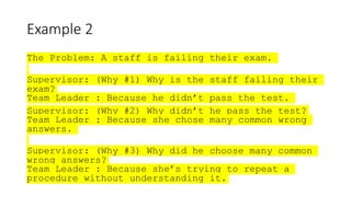 Example 2
The Problem: A staff is failing their exam.
Supervisor: (Why #1) Why is the staff failing their
exam?
Team Leader : Because he didn’t pass the test.
Supervisor: (Why #2) Why didn’t he pass the test?
Team Leader : Because she chose many common wrong
answers.
Supervisor: (Why #3) Why did he choose many common
wrong answers?
Team Leader : Because she’s trying to repeat a
procedure without understanding it.
 