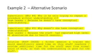Example 2 – Alternative Scenario
Supervisor: (Why #4) Why is he only trying to repeat a
procedure without understanding it?
Team Leader : Because he doesn’t have conceptual
understanding.
Supervisor: (Why #5) Why doesn’t she have conceptual
understanding?
Team Leader : Because the staff had reported high level
of absenteeism due to health reasons.
Solution (ROOT CAUSE) : Either appoint a trainer who
could specifically spend time on this staff coaching /
provide additional time for the staff away from normal
hours of work, so that the understanding is good for the
staff.
 