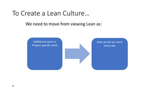 To Create a Lean Culture…
We need to move from viewing Lean as:
Additional work or
Project specific work
How we do our work
every day
81
 