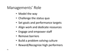 Managements’ Role
• Model the way
• Challenge the status quo
• Set goals and performance targets
• Align work and dedicate resources
• Engage and empower staff
• Remove barriers
• Build a problem solving culture
• Reward/Recognize high performers
83
 