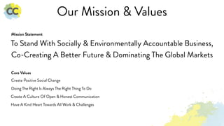Our Mission & Values
To Stand With Socially & Environmentally Accountable Business,
Co-Creating A Better Future & Dominating The Global Markets
Create Positive Social Change
Doing The Right Is Always The Right Thing To Do
Create A Culture Of Open & Honest Communication
Have A Kind Heart Towards All Work & Challenges
Mission Statement
Core Values
 