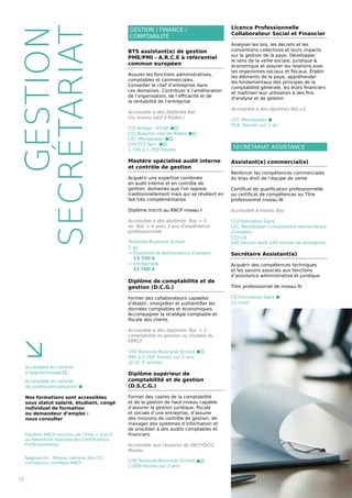 Assistant(e) commercial(e)
Renforcer les compétences commerciales
du bras droit de l’équipe de vente
Certificat de qualification professionnelle
ou certificat de compétences ou Titre
professionnel niveau III
Accessible à niveau Bac
CCI Formation Gers
CFC Montauban (uniquement demandeurs
d’emploi)
CCI Lot
540 heures dont 140 heures en entreprise
Secrétaire Assistant(e)
Acquérir des compétences techniques
et les savoirs associés aux fonctions
d’assistance administrative et juridique
Titre professionnel de niveau IV
CCI Formation Gers ⬢
12 mois
BTS assistant(e) de gestion
PME/PMI - A.R.C.E à référentiel
commun européen
Assurer les fonctions administratives,
comptables et commerciales.
Conseiller le chef d’entreprise dans
ces domaines. Contribuer à l’amélioration
de l’organisation, de l’efficacité et de
la rentabilité de l’entreprise
Accessible à des diplômés Bac
(ou niveau sauf à Rodez )
CCI Ariège - IFCAP ⬢⬡
CCI Aveyron site de Rodez ⬢⬡
CFC Montauban ⬢⬡
CFA CCI Tarn ⬢⬡
1 100 à 1 350 heures
Mastère spécialisé audit interne
et contrôle de gestion
Acquérir une expertise combinée
en audit interne et en contrôle de
gestion, domaines que l’on oppose
traditionnellement mais qui se révèlent en
fait très complémentaires
Diplôme inscrit au RNCP niveau I
Accessible à des diplômés Bac + 5
ou Bac + 4 avec 3 ans d’expérience
professionnelle
Toulouse Business School
1 an
→ Étudiants et demandeurs d’emploi
13 700 €
→ Entreprises
15 700 €
Diplôme de comptabilité et de
gestion (D.C.G.)
Former des collaborateurs capables
d’établir, interpréter et authentifier les
données comptables et économiques.
Accompagner la stratégie comptable et
fiscale des clients
Accessible à des diplômés Bac + 2
comptabilité ou gestion ou titulaire du
DPECF
CFA Toulouse Business School ⬢⬡
990 à 1 200 heures sur 2 ans 	
(2e
et 3e
année)
Diplôme supérieur de
comptabilité et de gestion
(D.S.C.G.)
Former des cadres de la comptabilité
et de la gestion de haut niveau capable
d’assurer la gestion juridique, fiscale
et sociale d’une entreprise, d’assurer
des missions de contrôle de gestion, de
manager des systèmes d’information et
de procéder à des audits comptables et
financiers
Accessible aux titulaires du DECF/DCG,
Master
CFA Toulouse Business School ⬢⬡
1 000 heures sur 2 ans
GESTION
SECRÉTARIAT
GESTION / FINANCE /
COMPTABILITÉ
SECRÉTARIAT ASSISTANCE
10
Accessible en contrat
d’apprentissage ⬡
Accessible en contrat
de professionnalisation ⬢
Nos formations sont accessibles
sous statut salarié, étudiant, congé
individuel de formation
ou demandeur d’emploi :
nous consulter
≤
Diplôme RNCP reconnu par l’Etat = inscrit
au Répertoire National des Certifications
Professionnelles
Licence Professionnelle
Collaborateur Social et Financier
Analyser les lois, les décrets et les
conventions collectives et leurs impacts
sur la gestion de la paye. Développer
le sens de la veille sociale, juridique 
économique et assurer les relations avec
les organismes sociaux et fiscaux. Établir
les éléments de la paye, appréhender
les fondamentaux des principes de la
comptabilité générale, les états financiers
et maîtriser leur utilisation à des fins
d'analyse et de gestion
Accessible à des diplômés Bac+2
CFC Montauban ⬢
518 heures sur 1 an
Negoventis : Réseau national des CCI
Formations certifiées RNCP
 