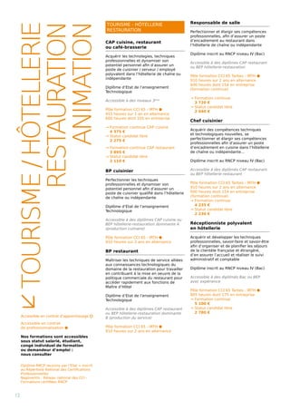 TOURISME/HÔTELLERIE
RESTAURATION
ANIMATION
CAP cuisine, restaurant 		
ou café-brasserie
Acquérir les technologies, techniques
professionnelles et dynamiser son
potentiel personnel afin d’assurer un
poste de cuisinier / serveur / employé
polyvalent dans l’hôtellerie de chaîne ou
indépendante
Diplôme d’Etat de l’enseignement
Technologique
Accessible à des niveaux 3ème
Pôle formation CCI 65 - IRTH ⬢
455 heures sur 1 an en alternance
600 heures dont 105 en entreprise
→ Formation continue CAP cuisine
4 375 €
→ Statut candidat libre
2 275 €
→ Formation continue CAP restaurant
3 895 €
→ Statut candidat libre
2 110 €
BP cuisinier
Perfectionner les techniques
professionnelles et dynamiser son
potentiel personnel afin d’assurer un
poste de cuisinier qualifié dans l’hôtellerie
de chaîne ou indépendante
Diplôme d’Etat de l’enseignement
Technologique
Accessible à des diplômes CAP cuisine ou
BEP hôtellerie-restauration dominante A
(production culinaire)
Pôle formation CCI 65 - IRTH ⬢
910 heures sur 2 ans en alternance
BP restaurant
Maîtriser les techniques de service alliées
aux connaissances technologiques du
domaine de la restauration pour travailler
en contribuant à la mise en oeuvre de la
politique commerciale du restaurant pour
accéder rapidement aux fonctions de
Maître d’Hôtel
Diplôme d’Etat de l’enseignement
Technologique
Accessible à des diplômes CAP restaurant
ou BEP hôtellerie-restauration dominante
B (production du service)
Pôle formation CCI 65 - IRTH ⬢
910 heures sur 2 ans en alternance
Responsable de salle
Perfectionner et élargir ses compétences
professionnelles, afin d’assurer un poste
d’encadrement au restaurant dans
l’hôtellerie de chaîne ou indépendante
Diplôme inscrit au RNCP niveau IV (Bac)
Accessible à des diplômes CAP restaurant
ou BEP hôtellerie-restauration
Pôle formation CCI 65 Tarbes - IRTH ⬢
910 heures sur 2 ans en alternance
600 heures dont 154 en entreprise
(formation continue)
→ Formation continue
3 720 €
→ Statut candidat libre
2 040 €
Chef cuisinier
Acquérir des compétences techniques
et technologiques nouvelles, se
perfectionner et élargir ses compétences
professionnelles afin d’assurer un poste
d’encadrement en cuisine dans l’hôtellerie
de chaîne ou indépendante…
Diplôme inscrit au RNCP niveau IV (Bac)
Accessible à des diplômés CAP restaurant
ou BEP hôtellerie-restaurant
Pôle formation CCI 65 Tarbes - IRTH ⬢
910 heures sur 2 ans en alternance
600 heures dont 154 en entreprise
(formation continue)
→ Formation continue
4 235 €
→ Statut candidat libre
2 230 €
Réceptionniste polyvalent
en hôtellerie
Acquérir et développer les techniques
professionnelles, savoir-faire et savoir-être
afin d’organiser et de planifier les séjours
de la clientèle française et étrangère,
d’en assurer l’accueil et réaliser le suivi
administratif et comptable
Diplôme inscrit au RNCP niveau IV (Bac)
Accessible à des diplômés Bac ou BEP
avec expérience
Pôle formation CCI 65 Tarbes - IRTH ⬢
805 heures dont 175 en entreprise
→ Formation continue
5 100 €
→ Statut candidat libre
2 780 €
12
Accessible en contrat d’apprentissage ⬡
Accessible en contrat
de professionnalisation ⬢
Nos formations sont accessibles
sous statut salarié, étudiant,
congé individuel de formation
ou demandeur d’emploi :
nous consulter
≤
Diplôme RNCP reconnu par l’Etat = inscrit
au Répertoire National des Certifications
Professionnelles
Negoventis : Réseau national des CCI -
Formations certifiées RNCP
TOURISME - HÔTELLERIE
RESTAURATION
 
