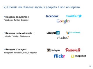 35
2) Choisir les réseaux sociaux adaptés à son entreprise
 Réseaux populaires :
Facebook, Twitter, Google+
 Réseaux pro...