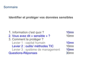 Sommaire
Identifier et protéger vos données sensibles
1. Information c'est quoi ? 10mn
2. Vous avez dit « sensible » ? 10mn
3. Comment la protéger ?
Levier 1 : capital humain 10mn
Levier 2 : outils/ méthodes TIC 10mn
Levier 3 : système de management 10mn
Questions-Réponses 30mn
 
