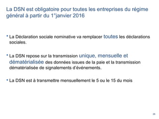 26
La DSN est obligatoire pour toutes les entreprises du régime
général à partir du 1°janvier 2016
 La Déclaration sociale nominative va remplacer toutes les déclarations
sociales.
 La DSN repose sur la transmission unique, mensuelle et
dématérialisée des données issues de la paie et la transmission
dématérialisée de signalements d’événements.
 La DSN est à transmettre mensuellement le 5 ou le 15 du mois
 