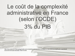 6
Le coût de la complexité
administrative en France
(selon l’OCDE)
3% du PIB
http://www.atlantico.fr/decryptage/3-pib-cout...