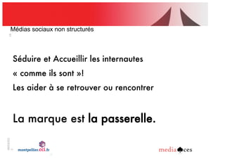 06/03/201
2
15
Médias sociaux non structurés
Séduire et Accueillir les internautes
«!comme ils sont!»!
Les aider à se retrouver ou rencontrer
La marque est la passerelle.
 