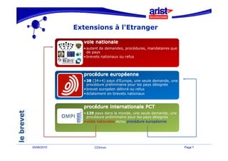 Extensions à l'Etranger
             E t   i      l'Et


               • autant de demandes, procédures, mandataires que
                 de pays
               • brevets nationaux ou refus




               • 38 (34+4) pays d'Europe une seule demande une
                                 d Europe,            demande,
                 procédure préliminaire pour les pays désignés
               • brevet européen délivré ou refus
               • éclatement en brevets nationaux




               • 139 pays dans le monde, une seule demande, une
                 procédure préliminaire pour les pays désignés
               • voies nationales et/ou procédure européenne




30/06/2010          CCInnov                                        Page 7
 