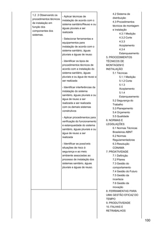1.2 .3 Observando os
procedimentos técnicos
de instalação em
função dos
componentes dos
sistemas.
- Aplicar técnicas de
instalação de acordo com o
sistema sanitário/Reuso e ou
águas pluviais a ser
realizada
- Selecionar ferramentas e
equipamentos para
instalação de acordo com o
sistema sanitário, águas
pluviais e águas de reuso
- Identificar os tipos de
procedimentos técnicos de
acordo com a instalação do
sistema sanitário, águas
pluviais e ou água de reuso a
ser realizada
- Identificar interferências da
instalação do sistema
sanitário, águas pluviais e ou
água de reuso a ser
realizada a ser realizada
com os demais sistemas
construtivos
- Aplicar procedimentos para
verificação do funcionamento
e estanqueidade do sistema
sanitário, águas pluviais e ou
água de reuso a ser
realizada
- Identificar as possíveis
situações de risco à
segurança e ao meio
ambiente associadas ao
processo de instalação dos
sistemas sanitário, águas
pluviais e águas de reuso.
4.2 Sistema de
distribuição
4.3 Procedimentos
técnicos de montagem
e instalação
4.3.1 Medição
4.3.2 Corte
4.3.3
Acoplamento
4.3.4
Estanqueamento
5. PROCEDIMENTOS
TÉCNICOS DE
MONTAGEM E
INSTALAÇÃO
5.1 Técnicas
5.1.1 Medição
5.1.2 Corte
5.1.3
Acoplamento
5.1.4
Estanqueamento
5.2 Segurança do
Trabalho
5.3 Planejamento
5.4 Orçamento
5.5 Qualidade
6. NORMAS E
LEGISLAÇÕES
6.1 Normas Técnicas
Brasileiras ABNT
6.2 Normas
Regulamentadoras
6.3 Resolução
CONAMA
7. PROATIVIDADE
7.1 Definição
7.2 Pilares
7.3 Gestão do
comportamento
7.4 Gestão do Futuro
7.5 Gestão da
incerteza
7.6 Gestão da
inovação
8. FERRAMENTAS PARA
UMA GESTÃO EFICAZ DO
TEMPO
9. PRODUTIVIDADE
10. FALHAS E
RETRABALHOS
100
 