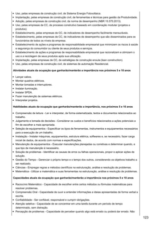Uso, pelas empresas de construção civil, de Sistema Energia Fotovoltaica.
Implantação, pelas empresas de construção civil, de ferramentas e técnicas para gestão da Produtividade.
Adoção, pelas empresas de construção civil, da norma de desempenho (NBR 15.575:2013).
Uso, pelas empresas de CC, de processo construtivo baseado em coordenação modular (projetos e
produtos).
Estabelecimento, pelas empresas de CC, de indicadores de desempenho facilmente mensuráveis.
Estabelecimento, pelas empresas de CC, de indicadores de desempenho que são disseminados para os
funcionários de todos os níveis da empresa.
Estabelecimento de ações e programas de responsabilidade empresarial que minimizem os riscos à saúde
e segurança do consumidor ou cliente de seus produtos e serviços.
Estabelecimento de ações e programas de responsabilidade empresarial que racionalizem e otimizem o
uso e a reciclagem de seus produtos após sua utilização.
Implantação, pelas empresas de CC, de estratégias de construção enxuta (lean construction).
Uso, pelas empresas de construção civil, de sistemas de automação Residencial.
Atividades atuais da ocupação que ganharão/manterão a importância nos próximos 5 e 10 anos
Lançar cabos.
Montar quadros elétricos.
Montar tomadas e interruptores.
Instalar iluminação.
Instalar SPDA.
Fazer manutenção de sistemas elétricos.
Interpretar projetos.
Habilidades atuais da ocupação que ganharão/manterão a importância, nos próximos 5 e 10 anos
Compreensão de leitura - Ler e interpretar, de forma sistematizada, textos e documentos relacionados ao
trabalho.
Julgamento e tomada de decisões - Considerar os custos e benefícios relacionados a ações potenciais a
fim de escolher a mais apropriada.
Seleção de equipamentos - Especificar os tipos de ferramentas, instrumentos e equipamentos necessários
para a execução de um trabalho.
Instalação - Instalar máquinas, equipamentos, estrutura elétrica, softwares e, se necessário, fazer carga
inicial de dados, de acordo com normas e especificações.
Manutenção de equipamentos - Executar manutenções planejadas ou corretivas e determinar quando, e
que tipo de manutenção é necessário.
Solução de problemas - Identificar as causas de erros ou falhas operacionais, propor e aplicar ações de
solução.
Gestão do Tempo - Gerenciar o próprio tempo e o tempo dos outros, considerando os objetivos trabalho a
ser realizado.
Ciências - Empregar regras e métodos científicos na estruturação, análise e resolução de problemas.
Matemática - Utilizar a matemática e suas ferramentas na estruturação, análise e resolução de problemas.
Capacidades atuais da ocupação que ganharão/manterão a importância nos próximos 5 e 10 anos
Raciocínio Matemático - Capacidade de escolher entre certos métodos ou fórmulas matemáticas para
resolver problemas.
Compreensão Oral - Capacidade de ouvir e entender informações e ideias apresentadas de forma verbal e
escrita.
Confiabilidade - Ser confiável, responsável e cumprir obrigações.
Atenção seletiva - Capacidade de se concentrar em uma tarefa durante um período de tempo
determinado, sem distração.
Percepção de problemas - Capacidade de perceber quando algo está errado ou poderá dar errado. Não
123
 