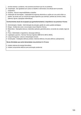 envolve resolver o problema, mas somente reconhecer que há um problema.
Cooperação - Ser agradável com outros no trabalho e demonstrar uma atitude bem-humorada,
cooperativa.
Iniciativa - Assumir responsabilidades e desafios.
Ordenação de informações - Capacidade de organizar elementos ou ações em uma certa ordem ou
padrão, de acordo com um conjunto de regras específico (por exemplo, padrões de números, letras,
palavras, figuras, operações matemáticas).
Conhecimentos atuais da ocupação que ganharão/manterão a importância nos próximos 10 anos
Administração e Gestão - Administração de produção; gestão de custos; gestão estratégica
Design - Análise das cores; comunicação visual; Desenho Técnico.
Matemática - Operações básicas; matemática aplicada; geometria plana; conversão de unidade; regra de
três.
Física - Eletricidade e magnetismo; descargas elétricas.
Legislação e governo - Normas Técnicas Vigentes (NBR 5410; NR10; NR35).
Língua Portuguesa - Leitura e interpretação de texto.
Construções - Instalações elétricas prediais; materiais elétricos; Circuitos elétricos; planejamento.
Novas Atividades que serão demandadas nos próximos 5 e 10 anos
Instalar sistemas de energia fotovoltaica.
Instalar componentes elétricos para automação residencial.
124
 
