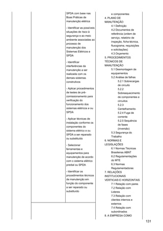 SPDA com base nas
Boas Práticas de
manutenção elétrica
- Identificar as possíveis
situações de risco à
segurança e ao meio
ambiente associadas ao
processo de
manutenção dos
Sistemas Elétricos e
SPDA
- Identificar
interferências da
manutenção a ser
realizada com os
demais sistemas
construtivos
- Aplicar procedimentos
de testes de pré-
comissionamento para
verificação do
funcionamento dos
sistemas elétricos e ou
SPDA
- Aplicar técnicas de
instalação conforme os
componentes do
sistema elétrico e ou
SPDA a ser reparado
ou substituído
- Selecionar
ferramentas e
equipamentos para
manutenção de acordo
com o sistema elétrico
predial ou SPDA
- Identificar os
procedimentos técnicos
de manutenção em
função do componente
a ser reparado ou
substituído
e componentes
4. PLANO DE
MANUTENÇÃO
4.1 Definição
4.2 Documentos de
referência (ordem de
serviço, relatório de
inspeção, ficha técnica,
fluxograma, requisições
e solicitações)
4.3 Orçamento
5. PROCEDIMENTOS
TÉCNICOS DE
MANUTENÇÃO
5.1 Desmontagem de
equipamentos
5.2 Análise de falhas
5.2.1 Sobrecargas
de circuito
5.2.2
Sobreaquecimento
de componentes e
circuitos
5.2.3
Centelhamento
5.2.4 Fuga de
corrente
5.2.5 Sequência
de fases
(inversão)
5.3 Segurança do
Trabalho
6. NORMAS E
LEGISLAÇÕES
6.1 Normas Técnicas
Brasileiras ABNT
6.2 Regulamentações
do MTE
6.3 Normas
Regulamentadoras
7. RELAÇÕES
INSTITUCIONAIS
VERTICAIS E HORIZONTAIS
7.1 Relação com pares
7.2 Relação com
Lideres
7.3 Relação com
clientes internos e
externos
7.4 Relação com
subordinados
8. A EMPRESA COMO
131
 